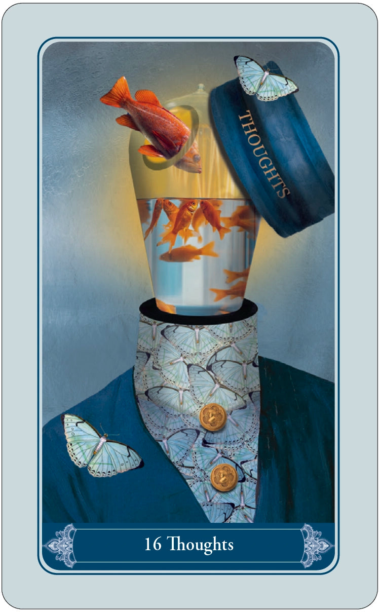 Card with a fishbowl, goldfish, and a container labeled 'Thoughts' on a blue background