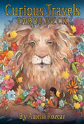 Cover of 'Curious Travels Tarot Deck' with a lion and woman surrounded by flowers.