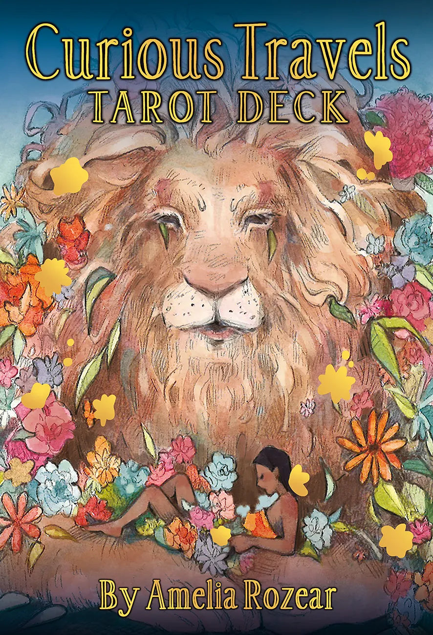 Cover of 'Curious Travels Tarot Deck' with a lion and woman surrounded by flowers.
