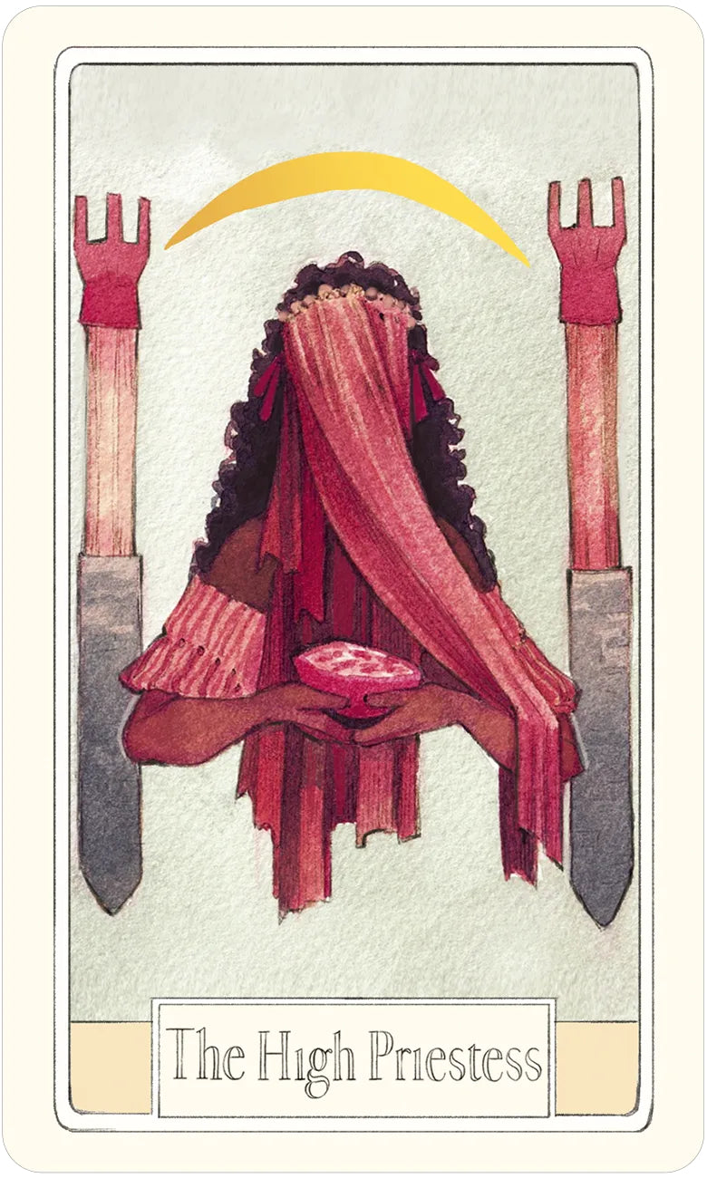 Tarot card featuring 'The High Priestess' with a figure draped in red, holding a crystal ball, against a light background.