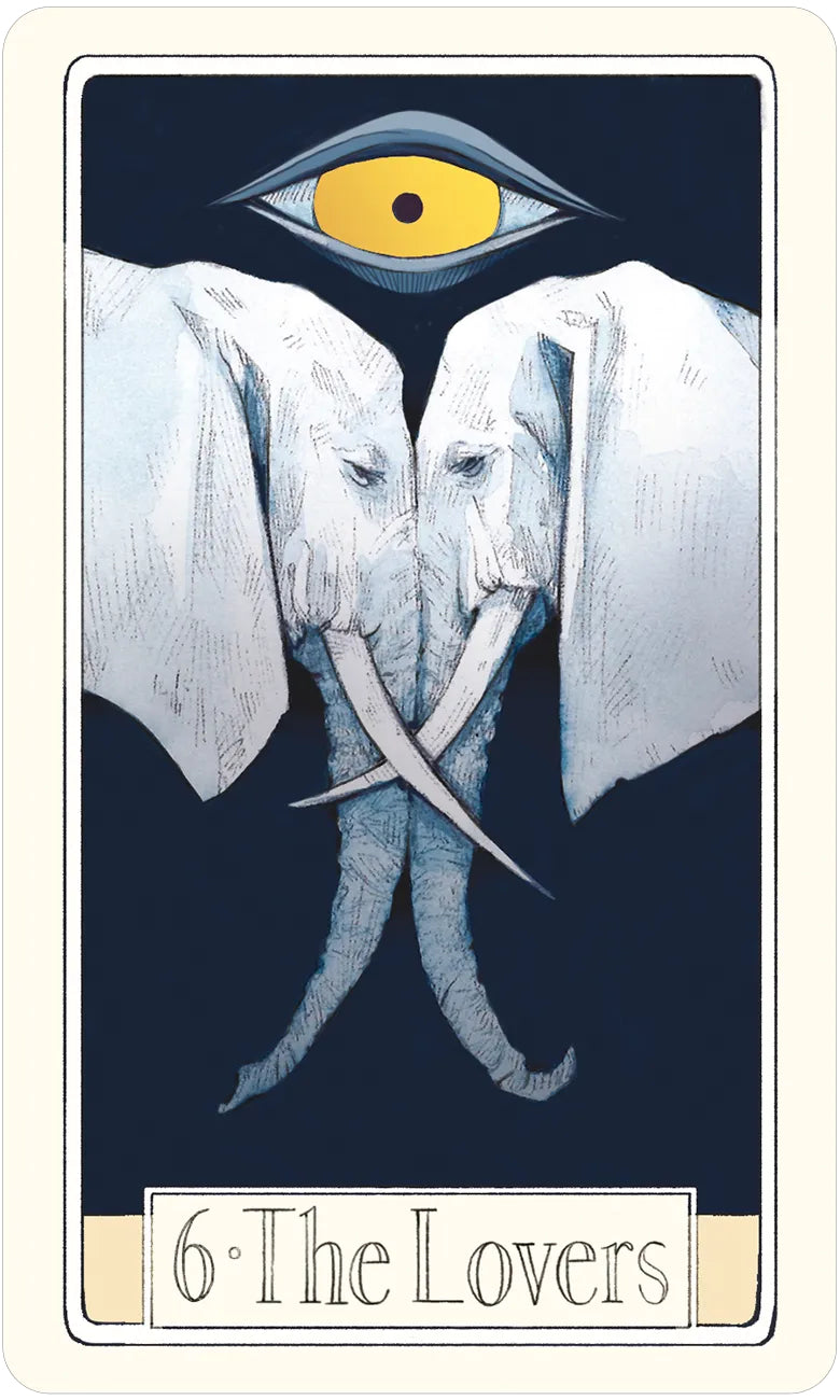 Tarot card titled 'The Lovers' featuring two elephants with a central eye.