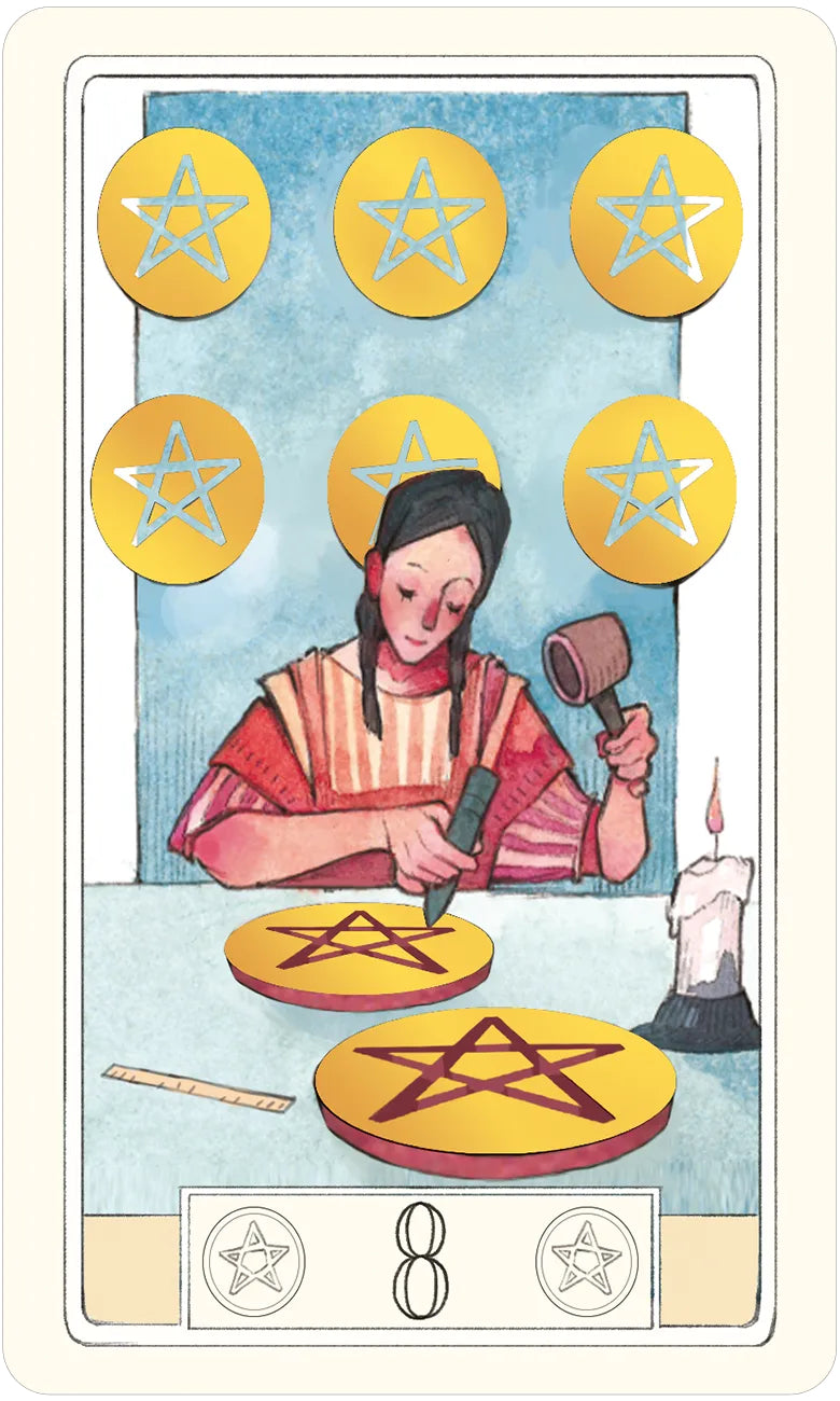 Card with a person making pentagram designs on yellow circles, surrounded by five more pentagrams.