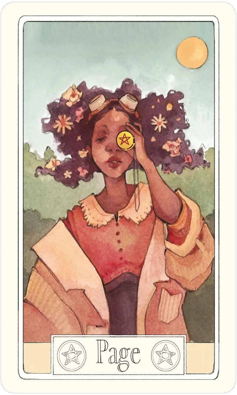 Tarot card featuring a person with flowers in their hair, holding a coin to their eye, with 'Page' at the bottom.