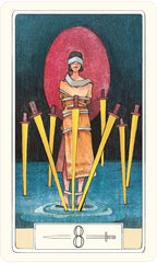 Tarot card with a figure standing on water holding yellow sticks against a dark background