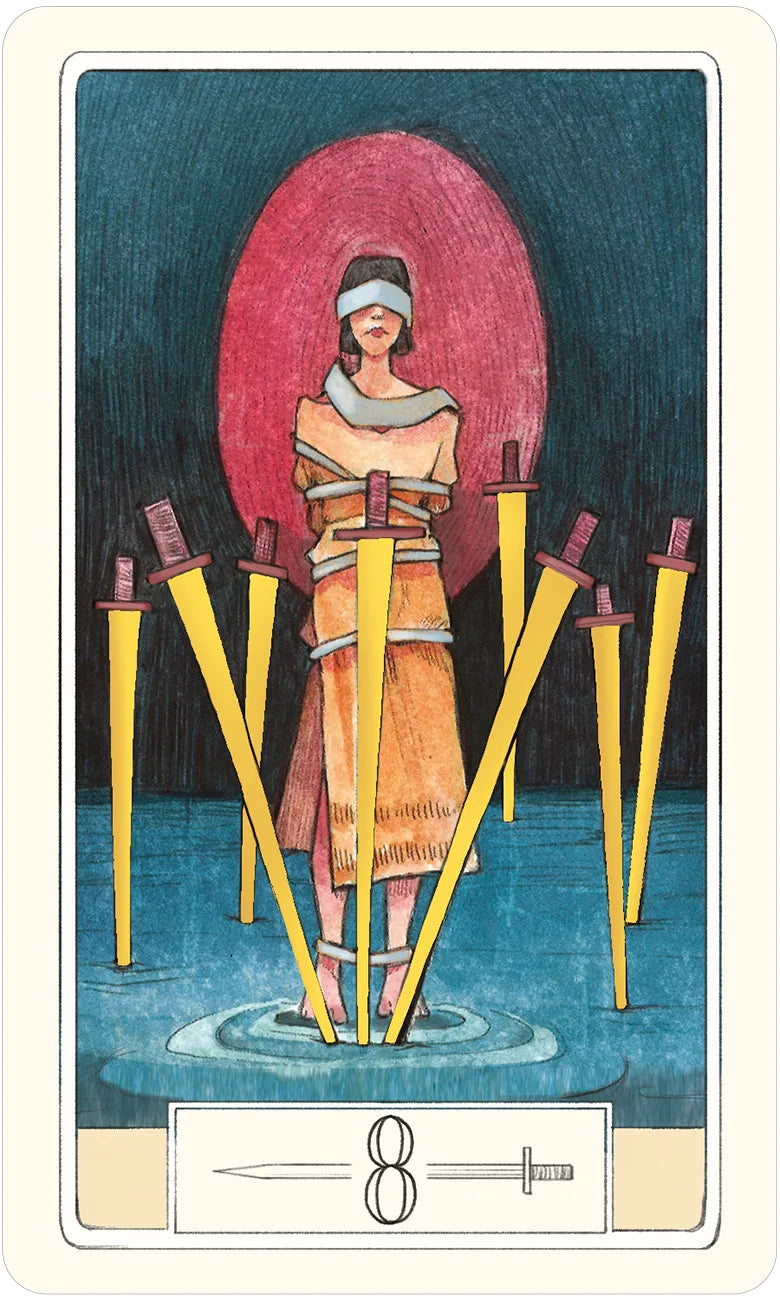 Tarot card with a figure standing on water holding yellow sticks against a dark background