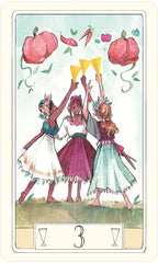 Illustration of three women celebrating with drinks on a card-like background