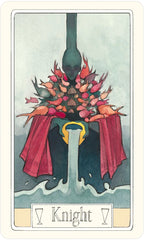 Card featuring a knight with colorful armor and flowing cape, typical of tarot card design.