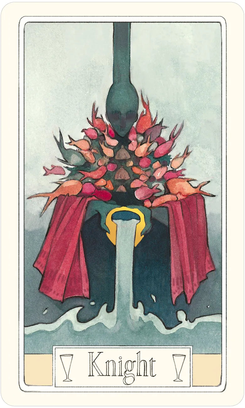 Card featuring a knight with colorful armor and flowing cape, typical of tarot card design.