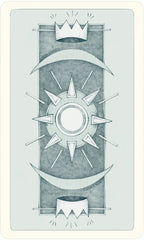 Decorative card with geometric design, sun-like symbol, and crown on a light blue background