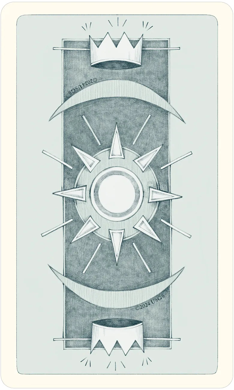 Decorative card with geometric design, sun-like symbol, and crown on a light blue background