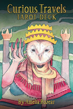 Cover of 'Curious Travels Tarot Deck' featuring an owl in regal attire with a colorful background.