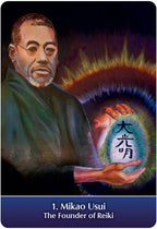 Illustration of Mikao Usui, the founder of Reiki, with a colorful energy aura.