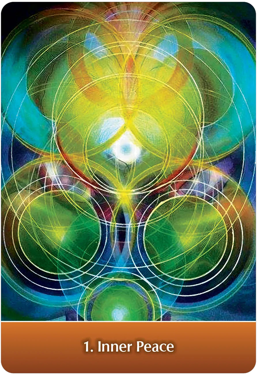 Colorful abstract design with concentric circles and '1. Inner Peace' text on a card.