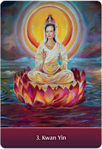 Buddhist figure Kwan Yin sitting on a lotus flower with a colorful background