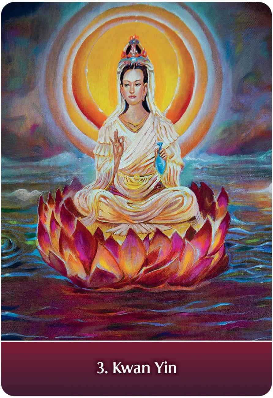 Buddhist figure Kwan Yin sitting on a lotus flower with a colorful background