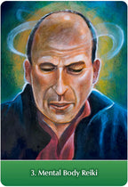 Illustration of a man with a halo-like design above his head, labeled '3. Mental Body Reiki'.