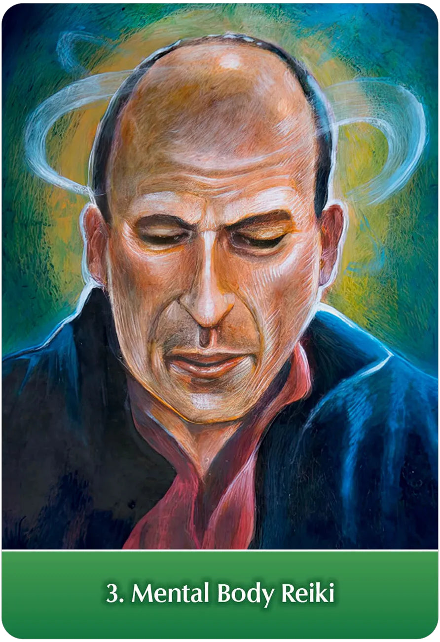 Illustration of a man with a halo-like design above his head, labeled '3. Mental Body Reiki'.