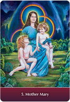 Painting of a woman with two children in a garden with a rainbow arch, labeled '5. Mother Mary'.