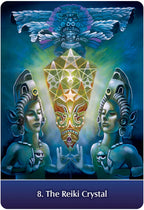 Artistic depiction of three figures holding a Reiki crystal with a blue background