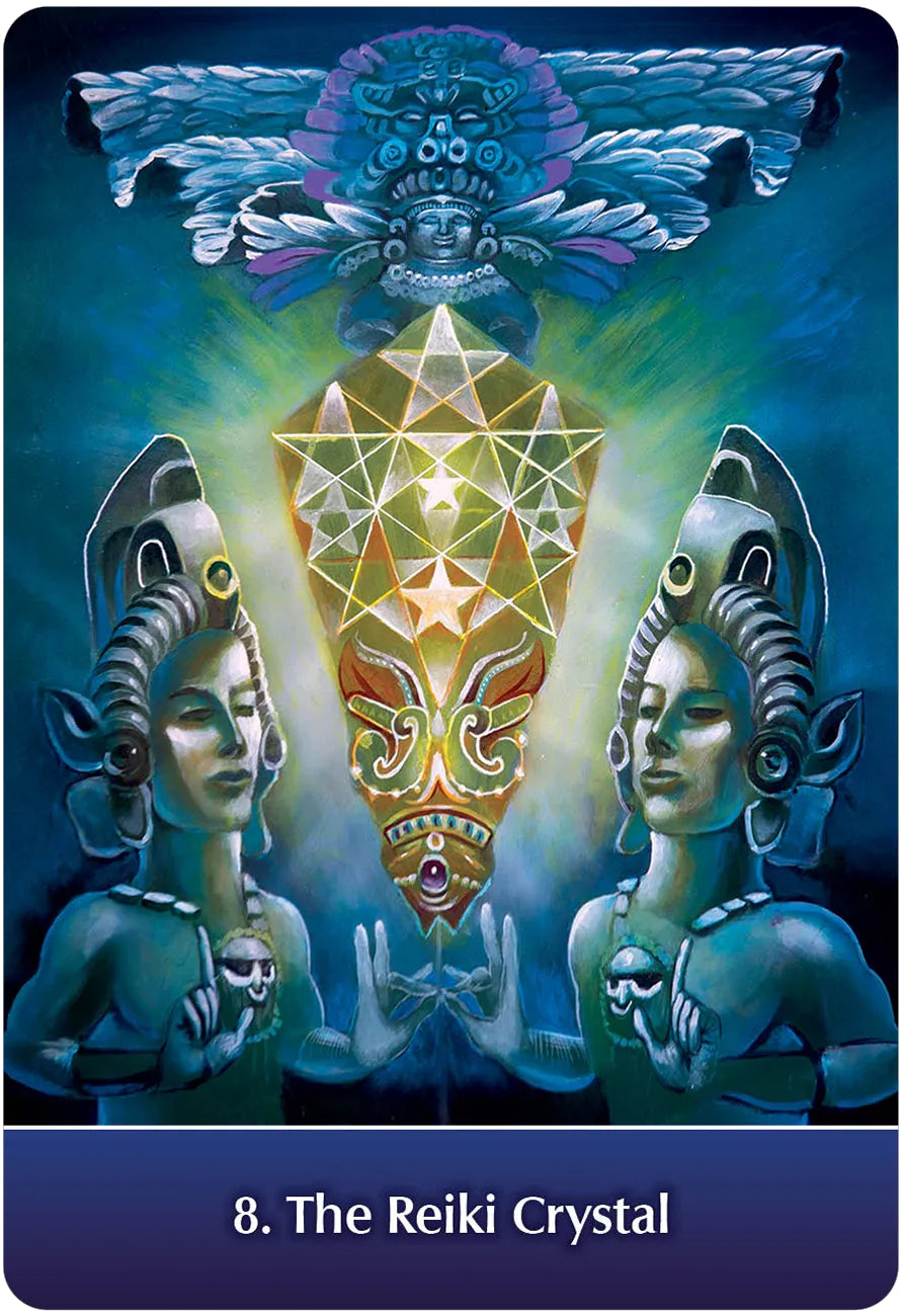 Artistic depiction of three figures holding a Reiki crystal with a blue background