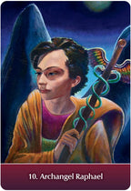 Card featuring Archangel Raphael with a blue pointed helmet and staff, against a dark background.