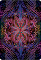 Colorful abstract design with heart shapes and intricate patterns on a dark background