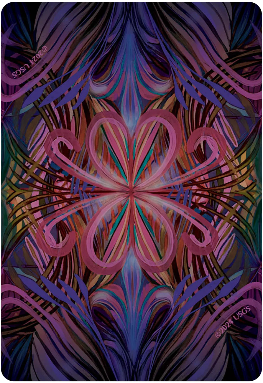 Colorful abstract design with heart shapes and intricate patterns on a dark background