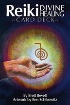 Reiki healing card deck cover with a hand holding a symbol and artwork by Ben Schikowitz.