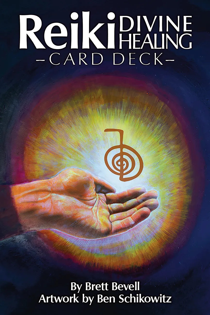 Reiki healing card deck cover with a hand holding a symbol and artwork by Ben Schikowitz.