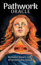 Book cover of 'Pathwork Oracle' with a woman's face and orange energy at the center against a black background.