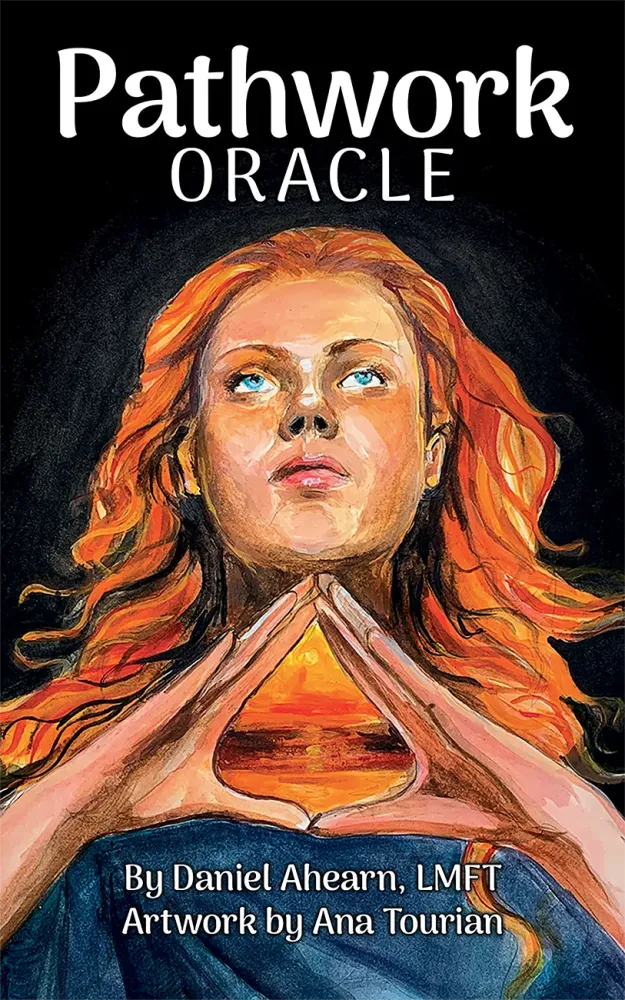 Book cover of 'Pathwork Oracle' with a woman's face and orange energy at the center against a black background.