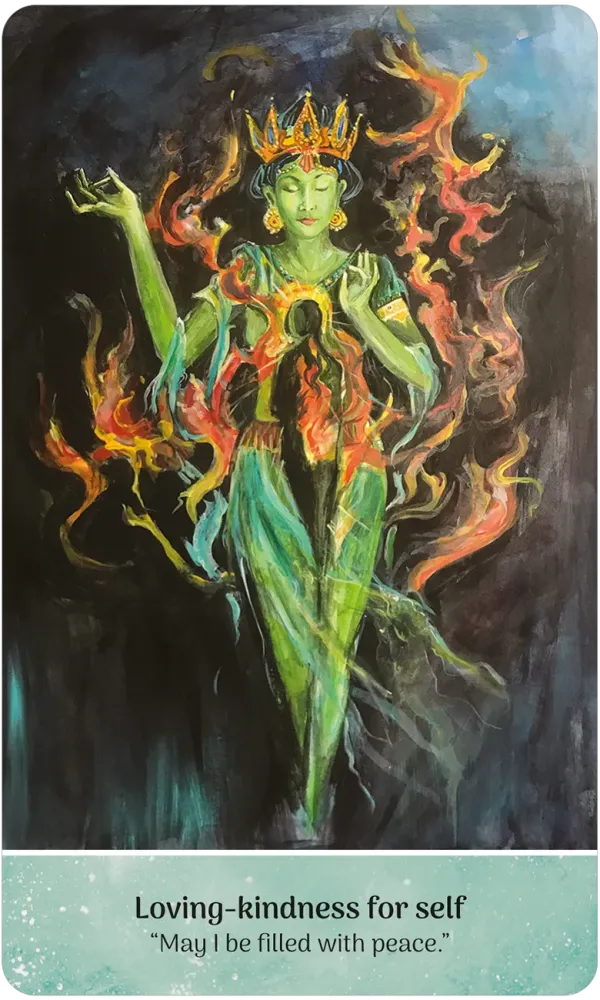 Colorful depiction of a figure with flames, tarot card style, on a dark background.