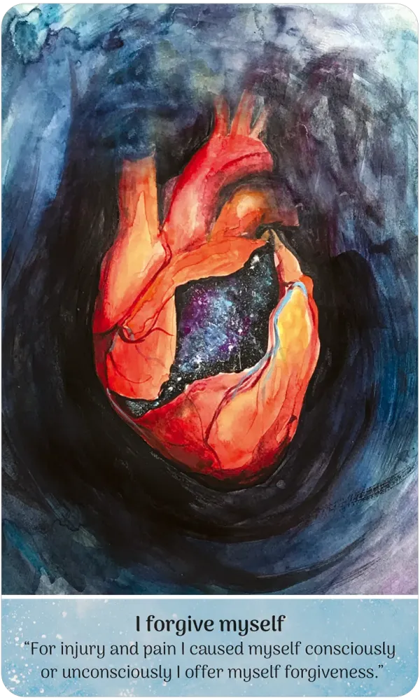 Artistic depiction of a heart with a cosmic center on a dark background, accompanied by text.