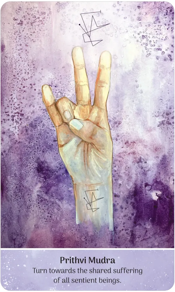 Hand making Prithvi Mudra with a purple and white background