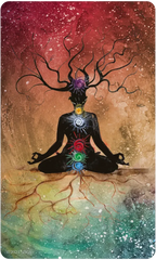 Artistic depiction of a meditating figure with chakra symbols on a cosmic background