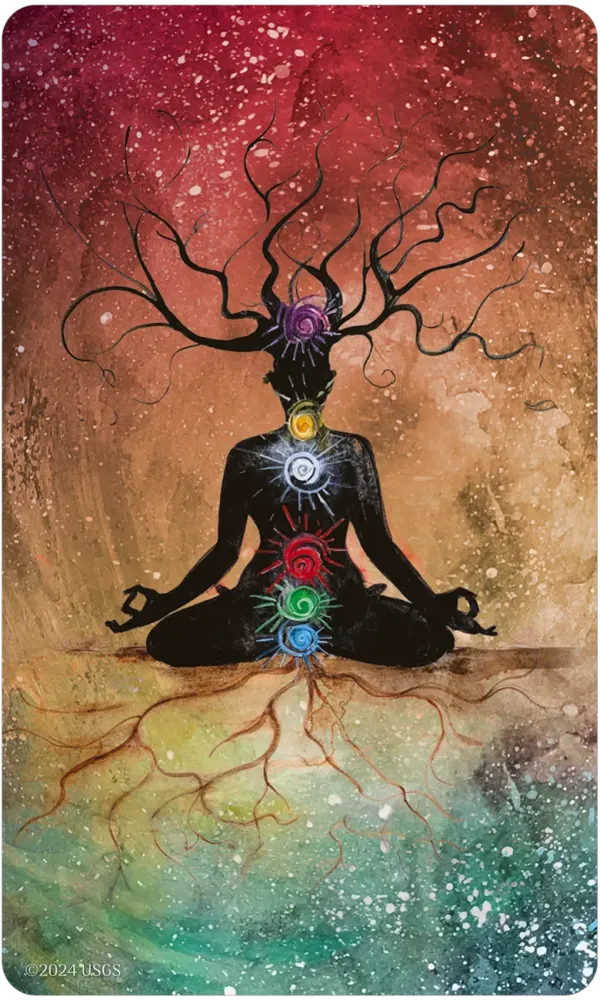 Artistic depiction of a meditating figure with chakra symbols on a cosmic background