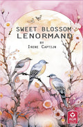 Book cover of 'Sweet Blossom Lenormand' by Irene Captijn with birds and flowers on a pink background.