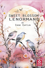 Book cover of 'Sweet Blossom Lenormand' by Irene Captijn with birds and flowers on a pink background.