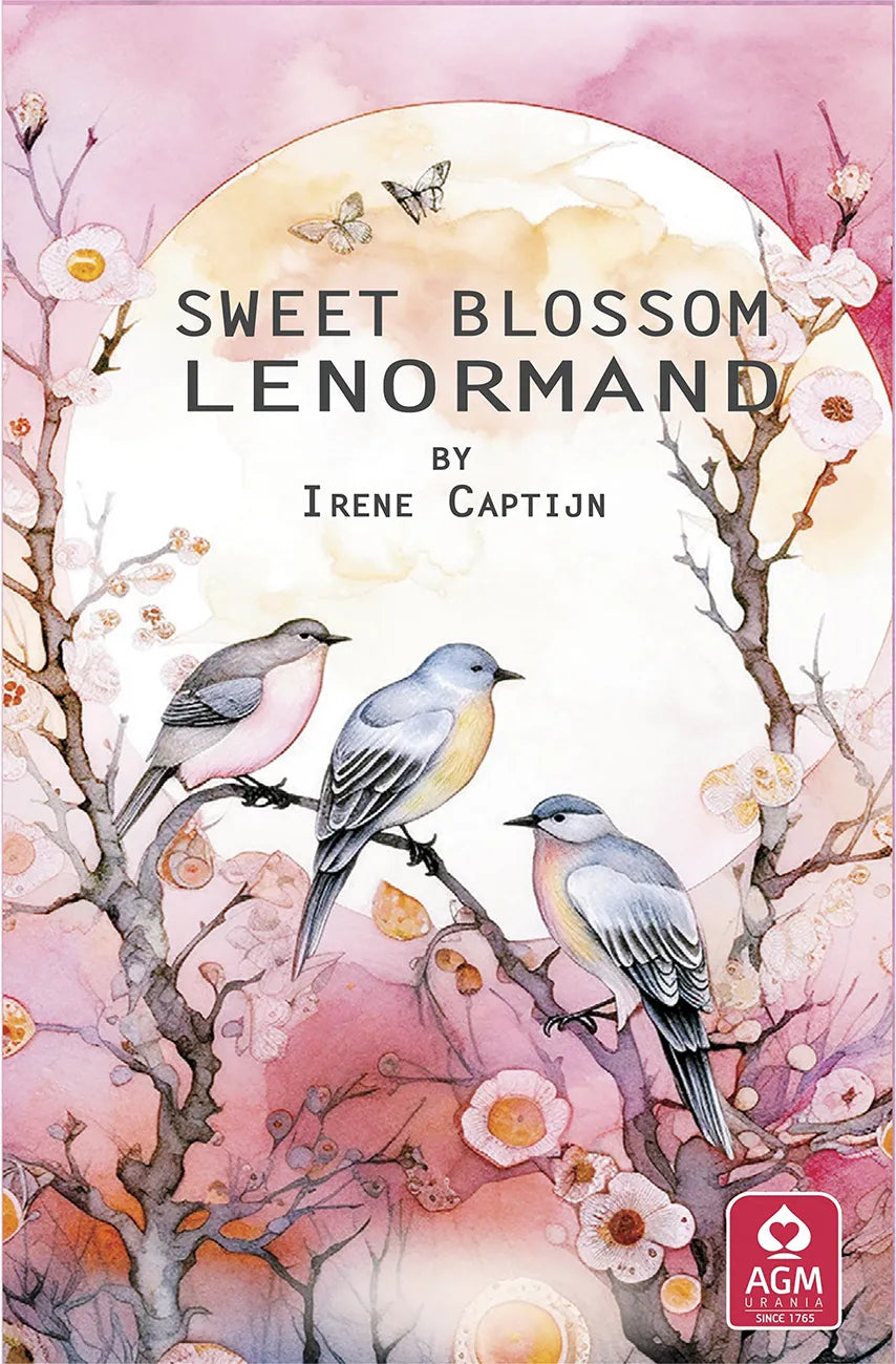Book cover of 'Sweet Blossom Lenormand' by Irene Captijn with birds and flowers on a pink background.