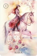 Illustration of a woman riding a horse with a colorful, ethereal background