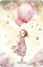 Illustration of a child with pink balloons against a soft, pastel background