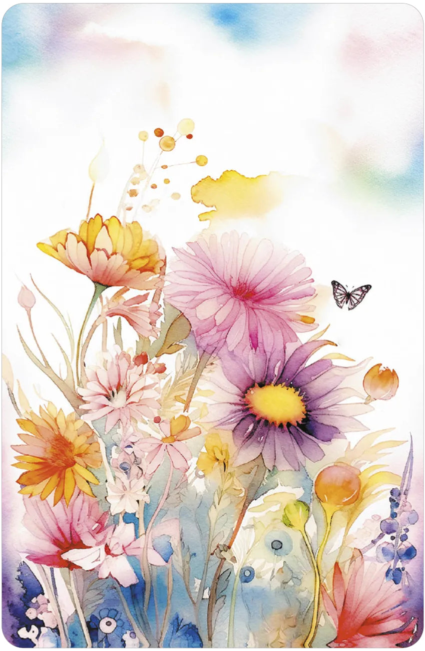Colorful floral design with butterflies on a watercolor background