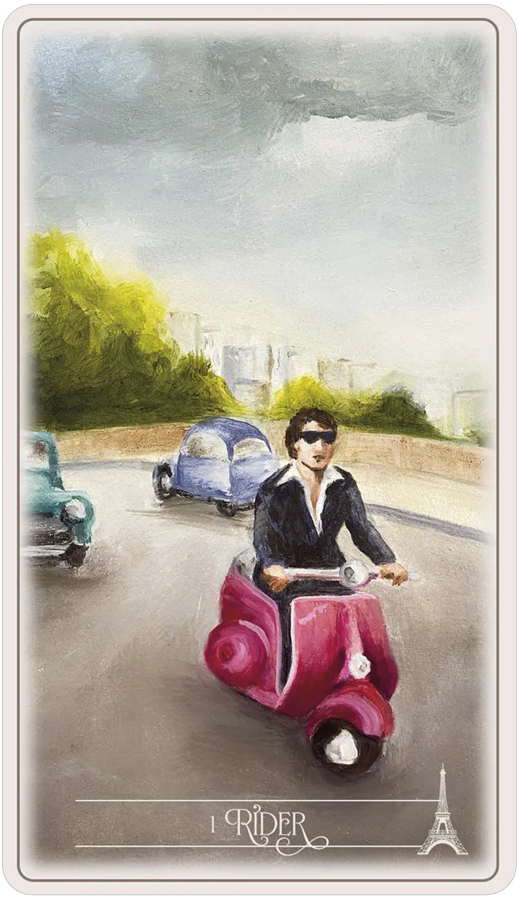 Illustration of a person on a pink scooter with vintage cars and a cityscape in the background