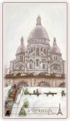 Illustration of a snowy scene with a large cathedral and a mountain, featuring the Eiffel Tower.