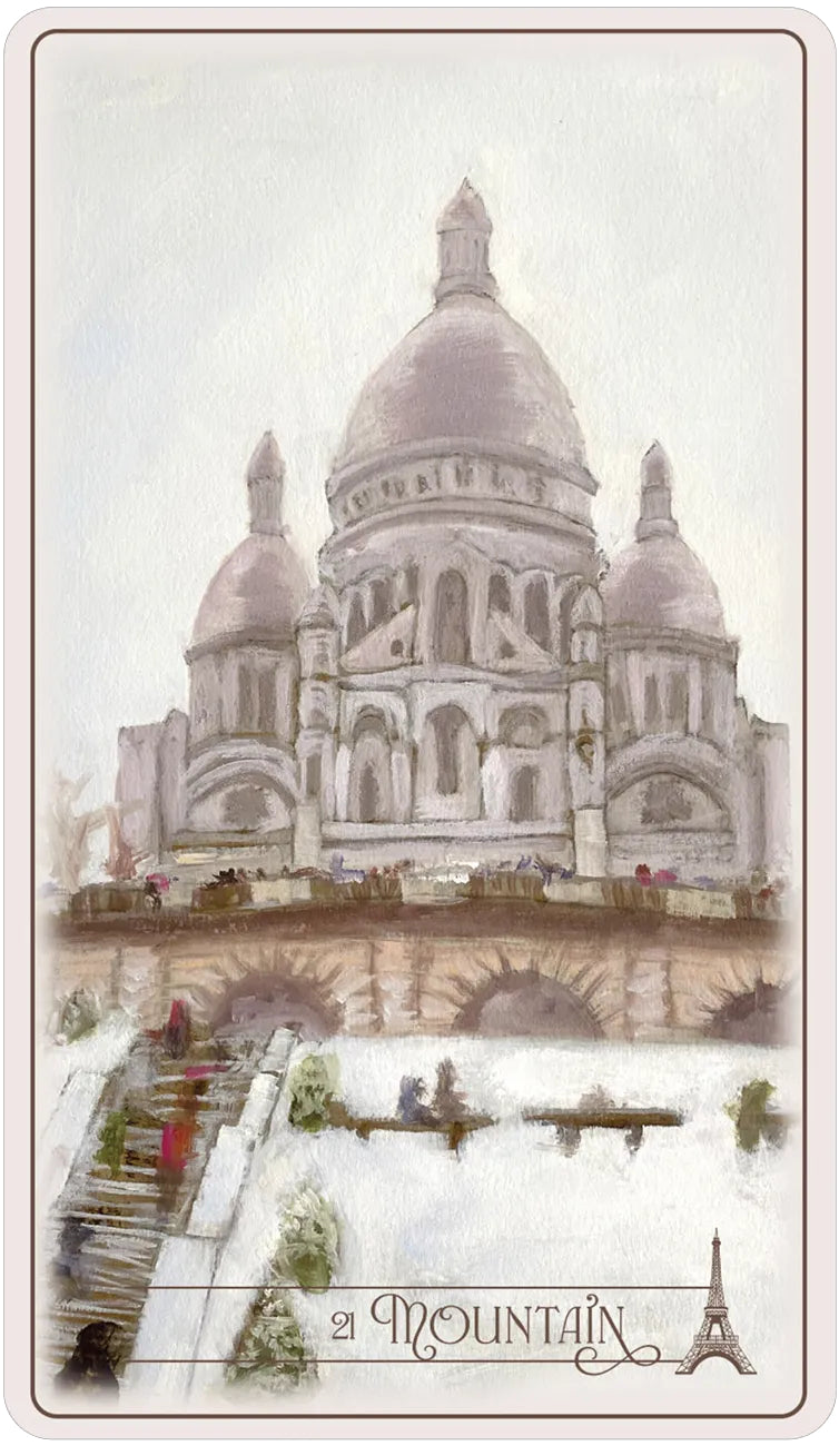 Illustration of a snowy scene with a large cathedral and a mountain, featuring the Eiffel Tower.