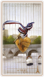 Heart-shaped padlock with keys and a ribbon against a scenic background
