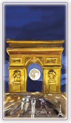 Gold-colored arch with classical sculptures against a blue sky, resembling the Arc de Triomphe.