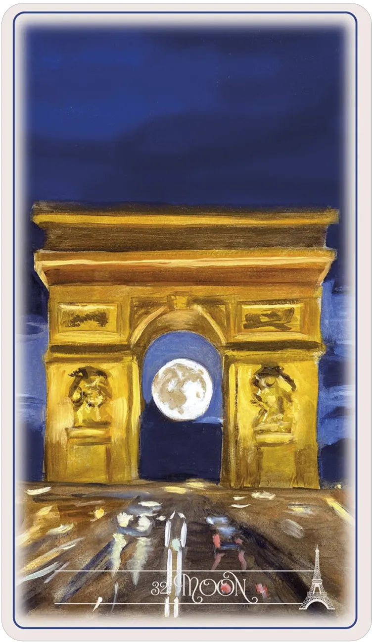 Gold-colored arch with classical sculptures against a blue sky, resembling the Arc de Triomphe.