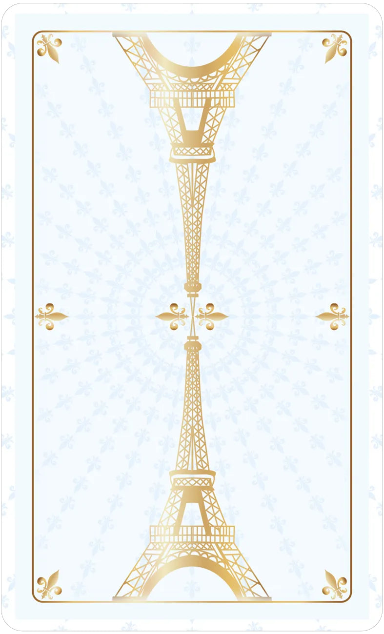 Gold Eiffel Tower design on a light blue background with decorative elements