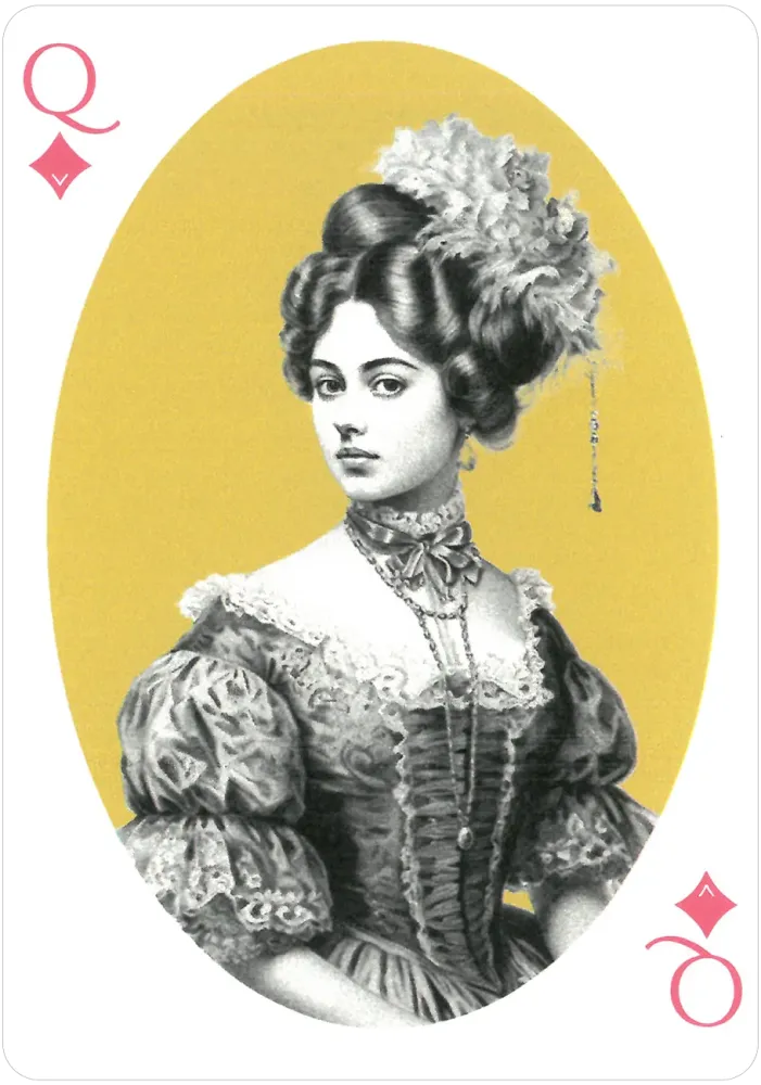 Playing card featuring a woman in a decorative outfit with a yellow background